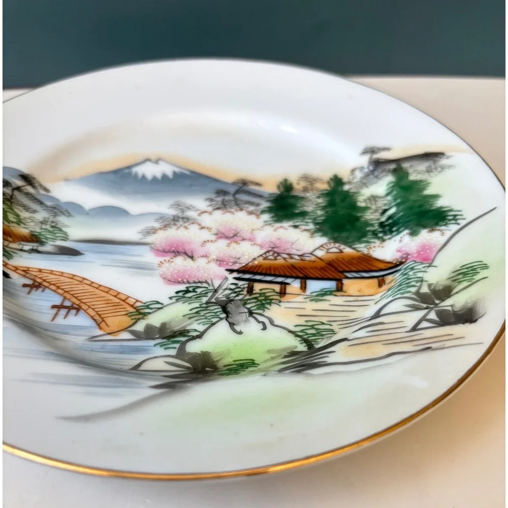 Hayasi Fine China Japan Mt Fuji Cherry Blossom Plates Set of 5 Vintage 6.25in